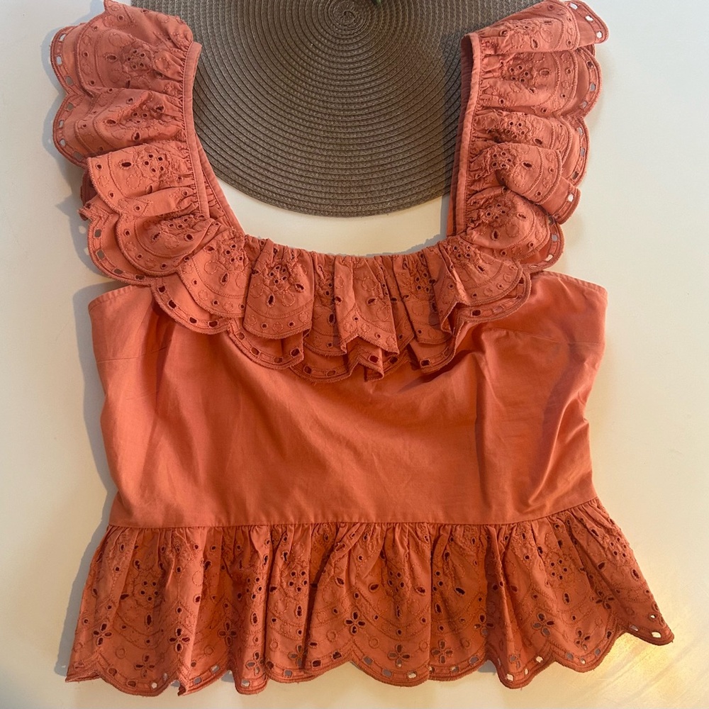 Women's Coral Eyelet Ruffle Top